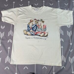 VTG Active Wear Graphic T Shirt Cream USA Made Bunnies Graphic Grandmacore Sz M